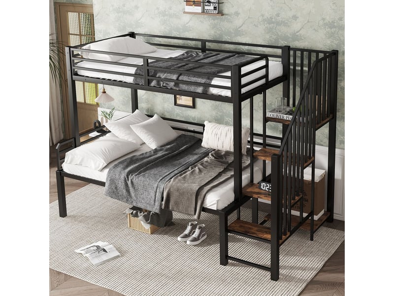  Lit superposé 90x200120x200cm avec escalier rangement - lit 2 places - métal noir et bois vintage, sécurité en747  - Conforama B