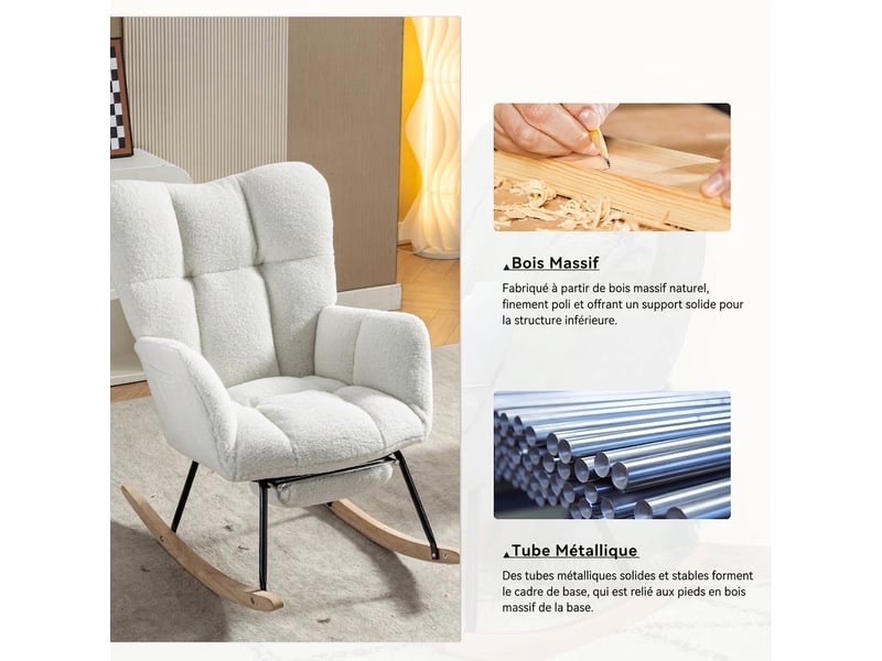  Chaise berçante tissu teddy fauteuil à bascule blanc avec repose-pieds escamotable 80x98x98.5cm  - Conforama E