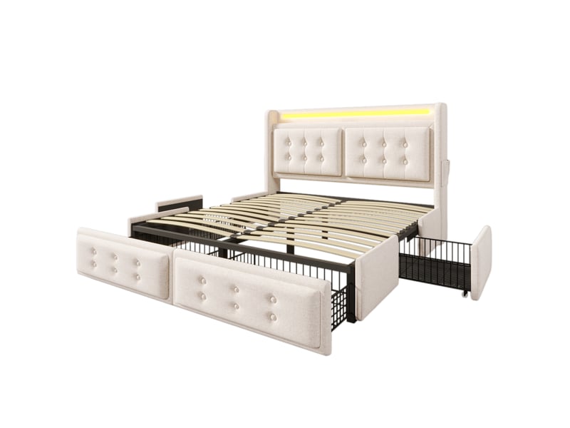 Lit rembourré, lit double 160x200 cm, 4 tiroirs, led, usb, sommier à lattes, charge 300 kg, matelas inclus, lin beige - Conforama B