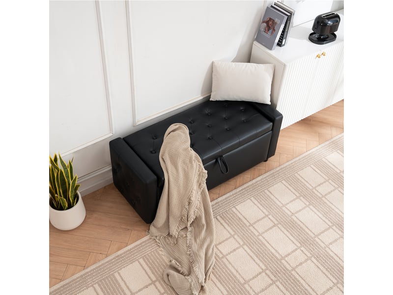 Banc de rangement capitonné - 122x45 cm noir - ottomane rectangulaire en similicuir avec grand coffre et assise confortable - Conforama D