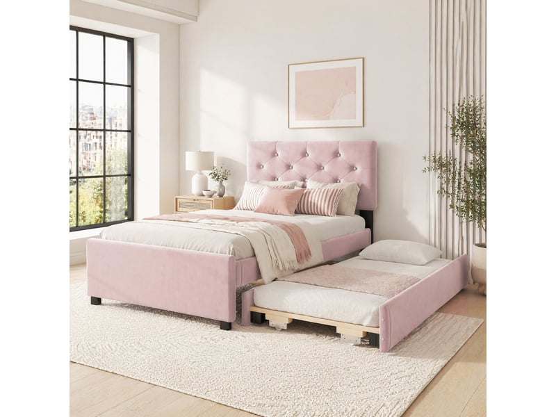 Lit gigogne 90x200 cm avec lit d’appoint coulissant rose  - Conforama D
