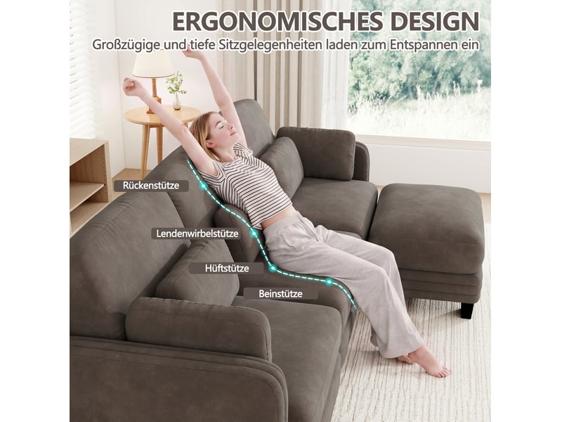  Canapé modulaire en u 3 places 253x143x88 cm, 2 poufs, design ergonomique, style moderne minimaliste chenille marron  - Conforama D