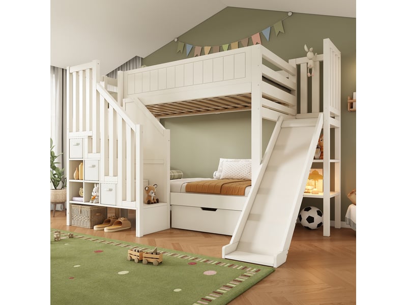  Lit superposé enfant 90x200 cm avec toboggan et rangements, blanc  - Conforama D