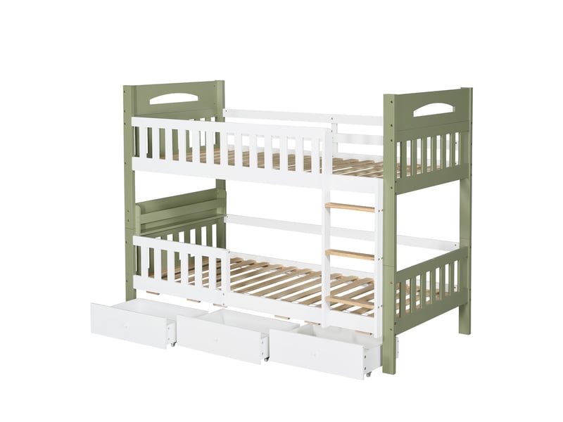  Lit superposé enfant 90x200 cm en bois avec échelle, barrière de sécurité, étagère latérale et 3 tiroirs de rangement - blanc et vert  - Conforama A