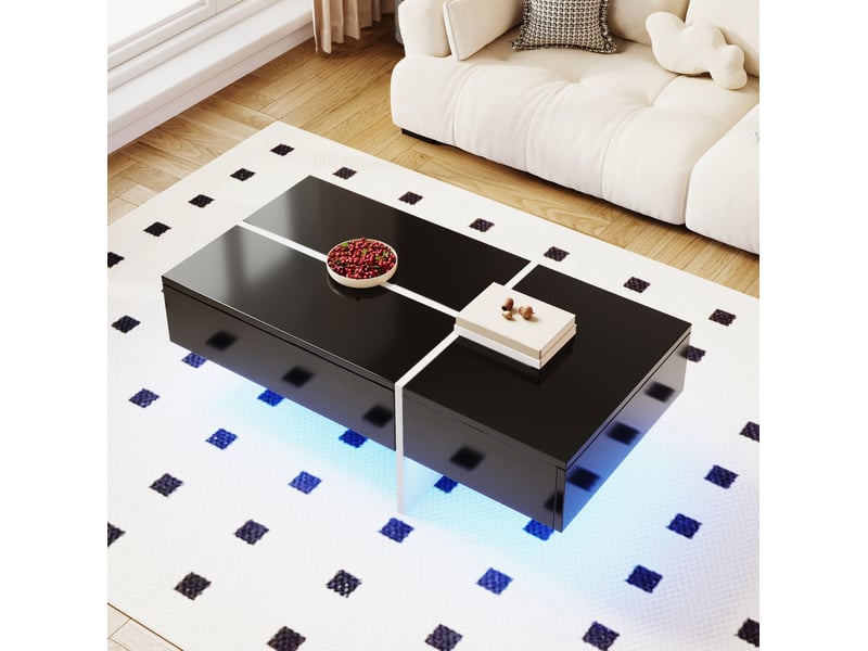 Table basse 100x50x34,5 cm avec led et 3 tiroirs, noir et blanc brillant - Conforama D