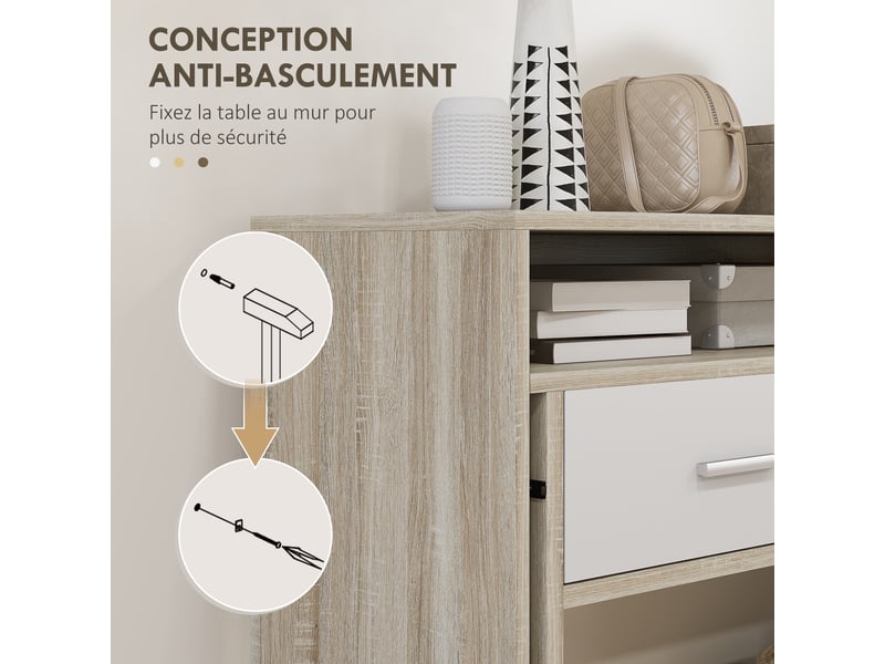  Table console avec plateau coulissant et 2 tiroirs, table de couloir avec rangement, 95l x 35p x 87h cm, aspect chêne  - Conforama R