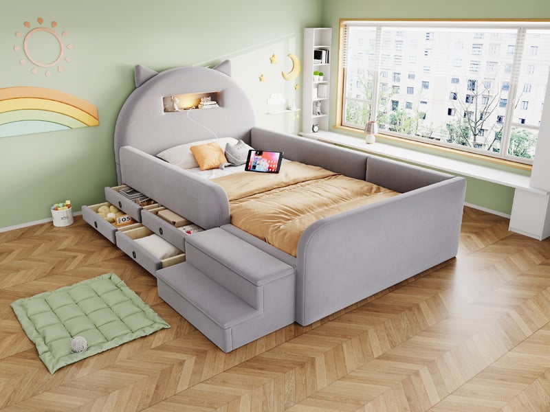  Lit enfant 90 × 200 cm avec tiroirs, veilleuse et usb, gris clair  - Conforama B
