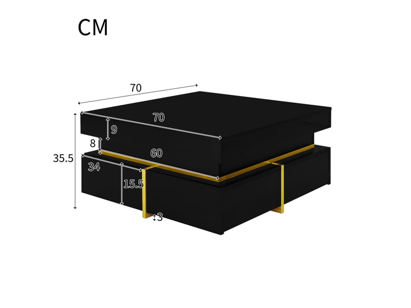  Table basse avec 2 tiroirs, finition haute brillance et accents dorés pour salon, noire, 70 × 70 × 35,5 cm  - Conforama D