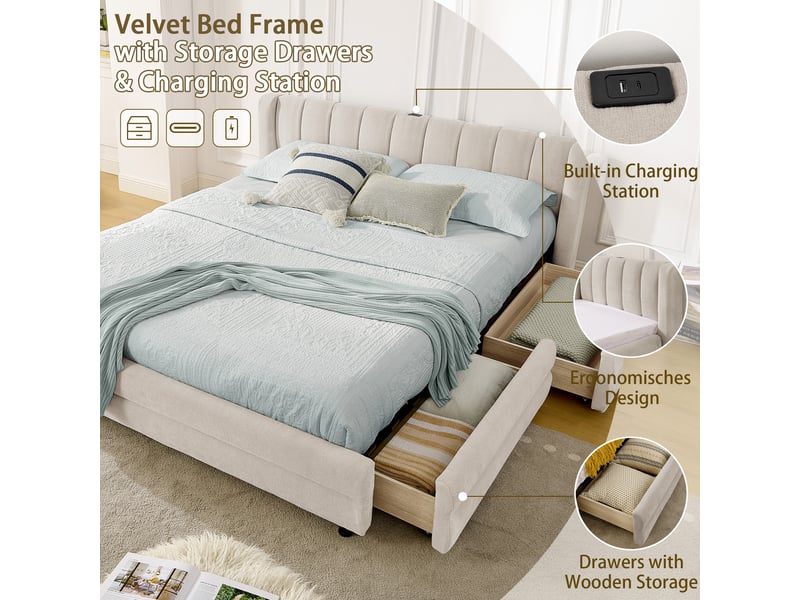  Lit 140x200 cm avec tête de lit en chenille, lit enfant avec sommier à lattes, lit 2 personnes avec prise usb, beige  - Conforama C