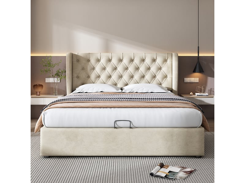  Lit rembourré lit coffre 180x200 cm en forme d'oreille, lit double avec sommier a lattes et espace de rangement, beige, velours  - Conforama D