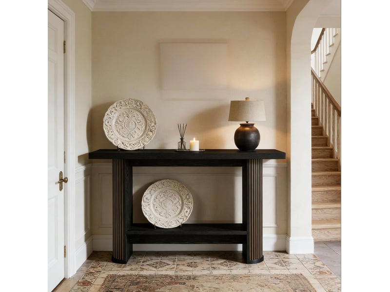  Console avec design moderne, structure fine et finition bois pour salon et entrée en bois noir 140 × 30 × 80 cm  - Conforama B