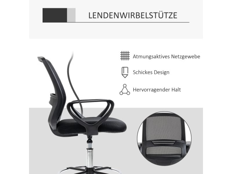  Chaise assis-debout ergonomique pivotante, repose-pieds, métal noir, réglable 102,5-126 cm  - Conforama D