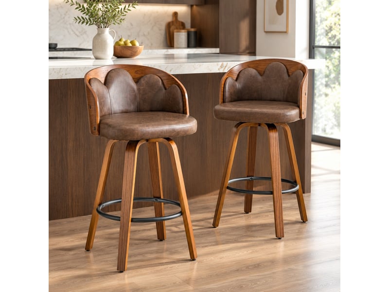  Tabourets de bar lot de 2 avec dossier fleur - lpospi - assise rembourrée, repose-pieds métal - bois, marron  - Conforama C