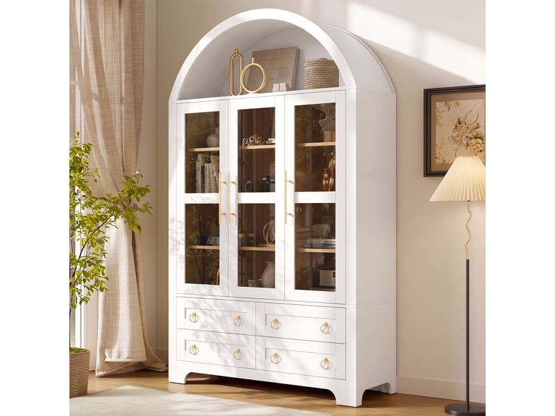 Buffet blanc 110x40x185 cm mdf et panneaux de particules 3 portes vitrées 4 tiroirs rangement ouvert Sol Morn - Conforama B