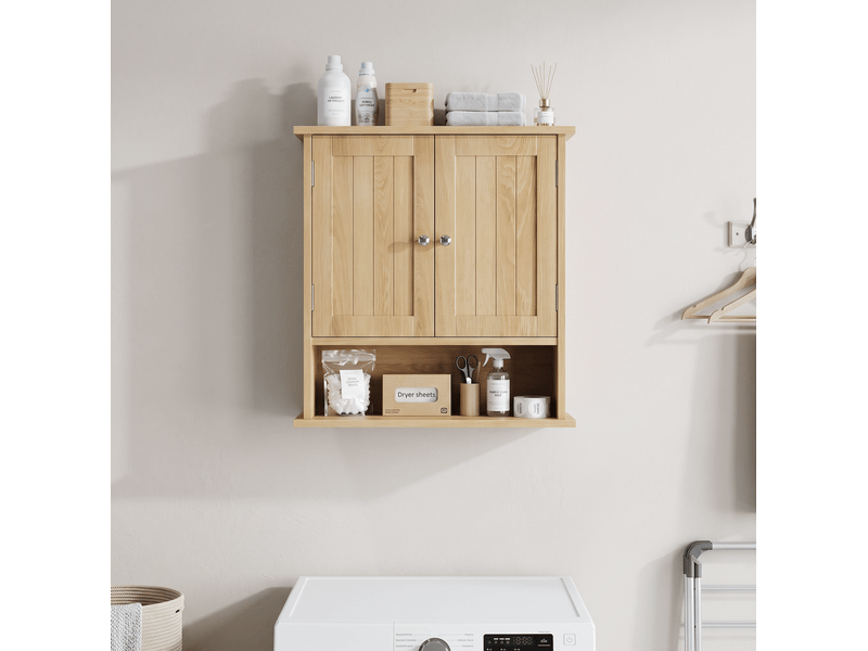  Meuble de rangement salle de bain mural 55x20x60 cm, double porte, niche ouverte, étanche, mdf, aspect chêne  - Conforama D