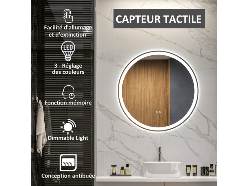 Miroir rond lumineux led de salle de bain ø 70 cm mural avec éclairage 3 couleurs interrupteur tactile 23w blanc argent - Conforama D