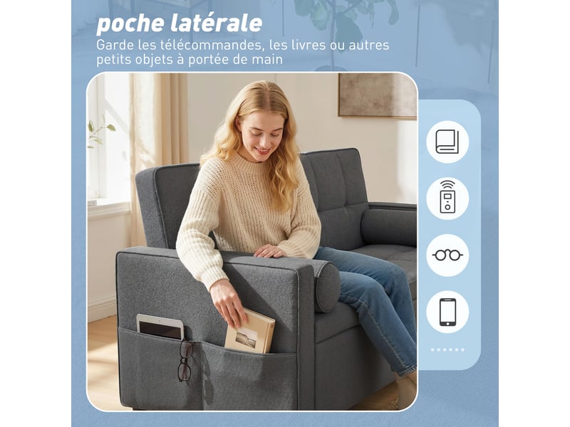 Canapé convertible 2 places 3 en 1 canapé-lit avec lit gigogne double dossier réglable 2 coussins gris 80,5x137,5x84cm - Conforama W