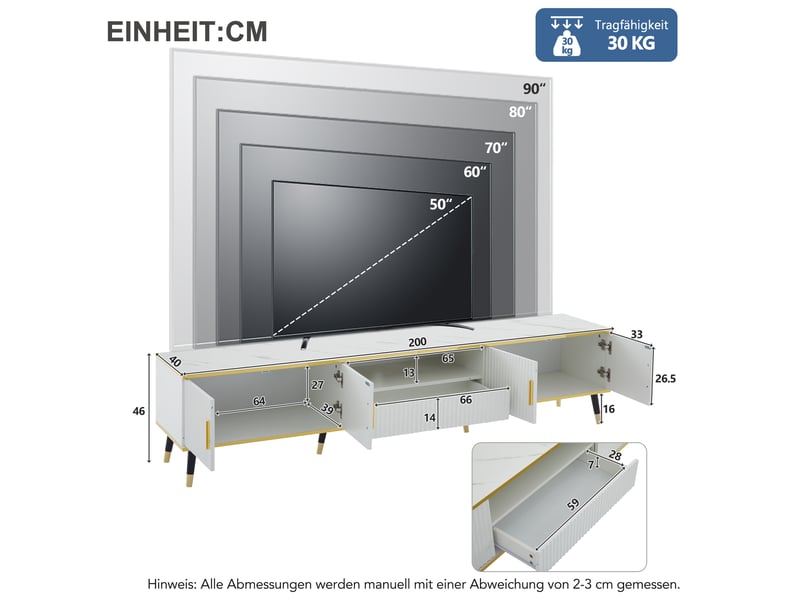  Meuble tv moderne 200x40x46 cm effet marbre, 2 portes, 1 tiroir, rangements, tv jusqu'à 90 pouces  - Conforama E