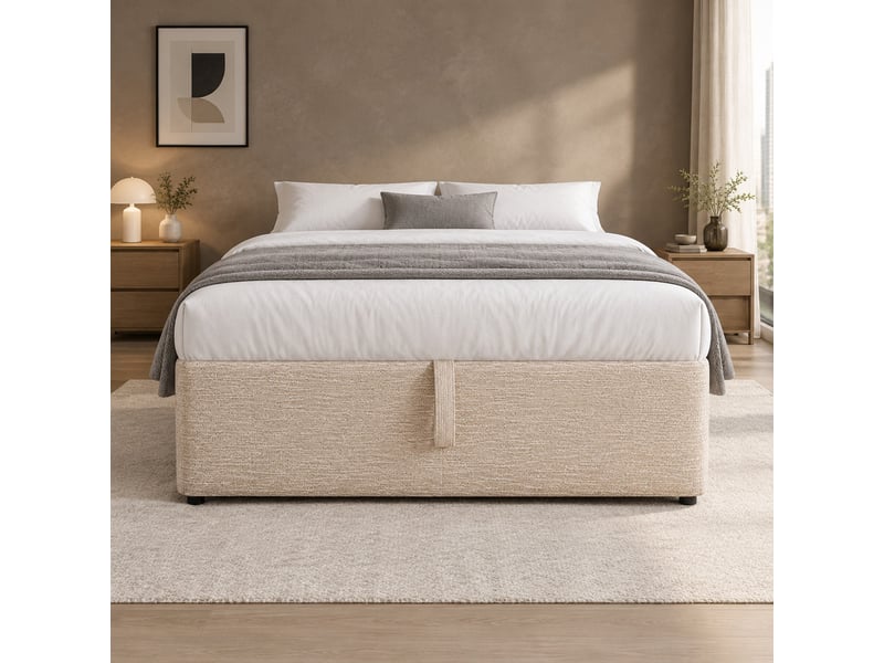 Lit coffre 200x90 cm en lin, lit simple avec rangement, usb, type-c et poche, sans matelas, beige et naturel - Conforama B
