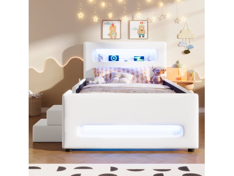  Lit plateforme rembourré 90 x 200 cm avec led, tiroir, marches et port usb, blanc  - Conforama E
