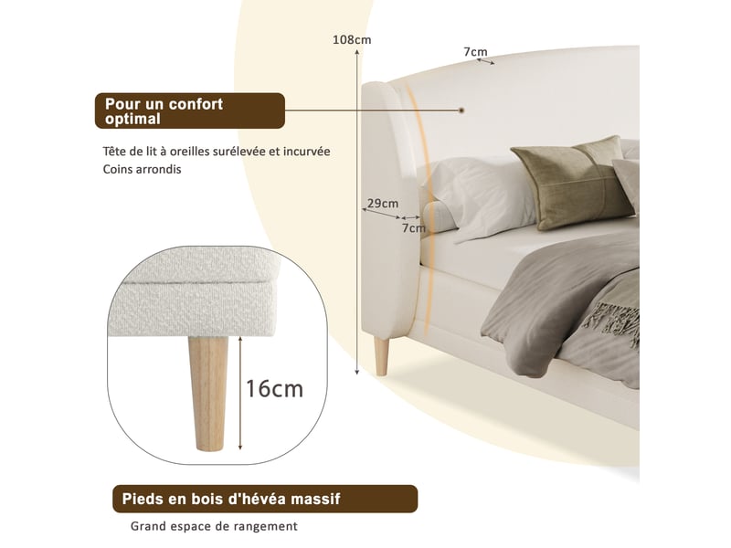  Lit capitonné 140×190 cm en tissu bouclé, tête de lit à oreilles, pieds en bois d'hévéa, lit 1 personne a sommier à lattes solides  - Conforama W