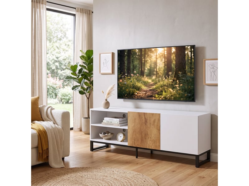  Meuble tv design tricolore blanc effet bois piètement acier noir  - Conforama D