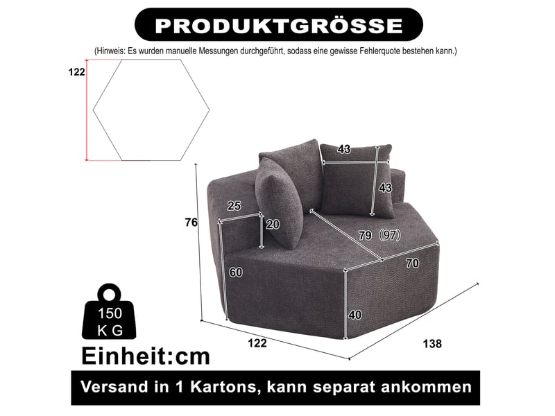  Fauteuil modulaire hexagonal 1 place avec 3 coussins et dessous antidérapant en chenille bouclette grise  - Conforama C