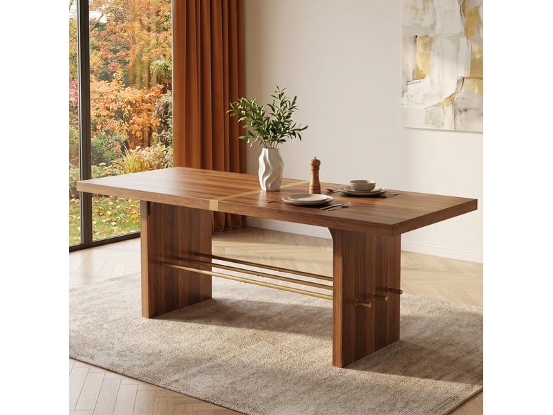  Table de salle à manger pour 6 à 8 personnes avec plateau épais stable et traverse dorée, en mdf noyer, 180 × 75 cm  - Conforama D