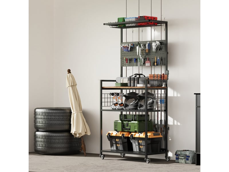 Support rangement cannes à pêche plaque suspension chariot roulettes étagère multiniveaux matériel cannes moulinets coffres sacs - Conforama B