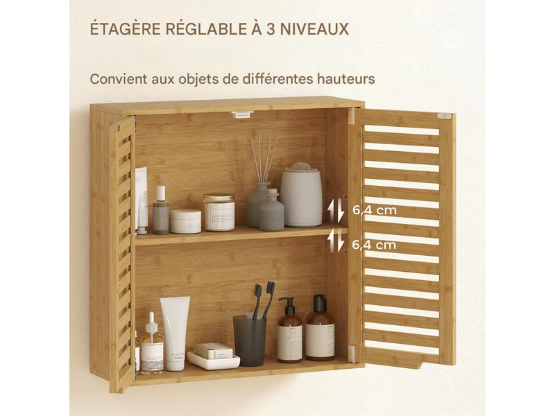  Meuble mural de salle de bain en bambou avec portes persiennes 60 x 20 x 60 cm  - Conforama E