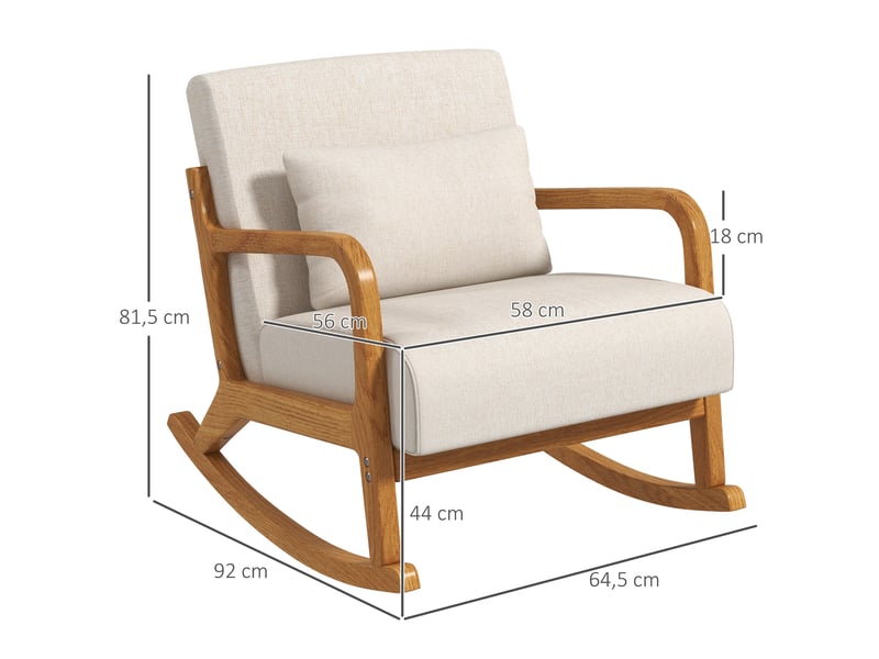  Rocking-chair rembourré avec fonction bascule, coussin lombaire amovible et accoudoirs, en bois crème  - Conforama D