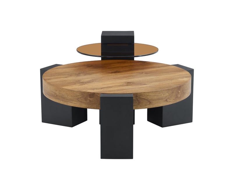  Table basse ronde 61 x 30 cm + desserte 44 x 44 cm, deux niveaux, pieds en l démontables, mdf et verre, noir et bois  - Conforama E