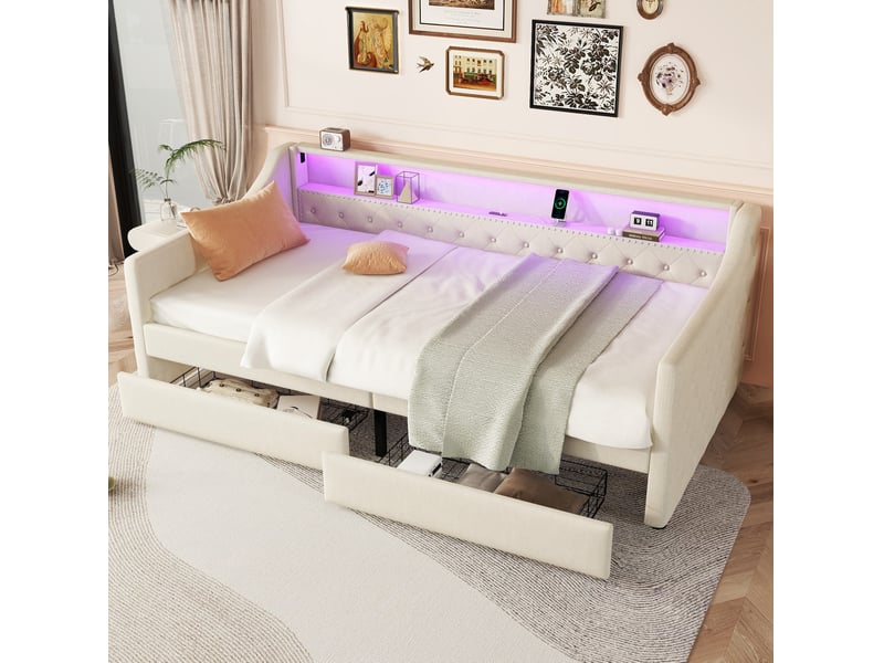  Modenvie lit banquette 90x200 cm - led avec telecommande, port usb et 2 tiroirs, sans matelas - beige  - Conforama B
