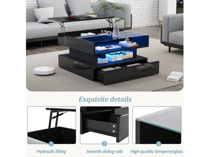  Table basse relevable avec 2 tiroirs, rangement dissimulé et led pour salon, 80 × 80 × 45 cm  - Conforama E