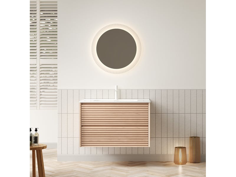  Meuble rangement vasque deux tiroirs ceramique blanc bois naturel grand homvra  - Conforama D
