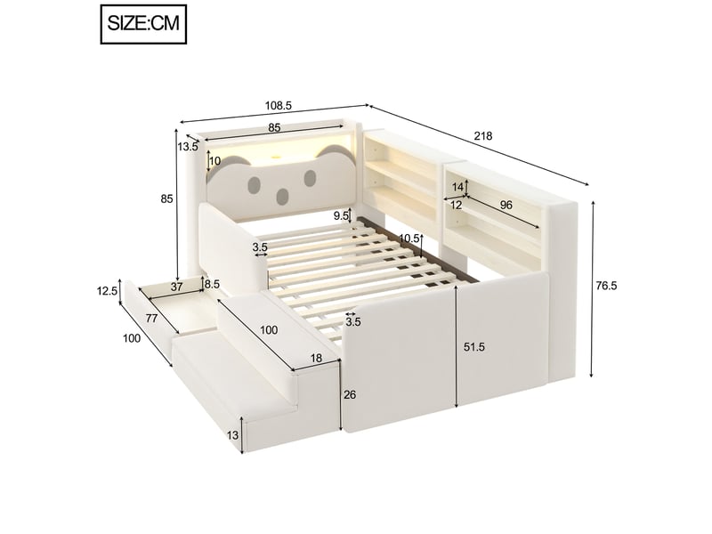  Lit enfant avec rangement 90x200 cm, éclairage led et port usb, métal, beige, sans matelas  - Conforama C