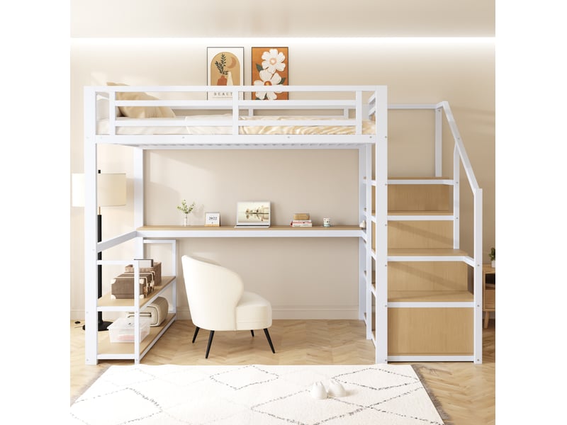  Lit mezzanine métal 140x200 cm avec bureau, étagères et échelle de rangement blanc  - Conforama D