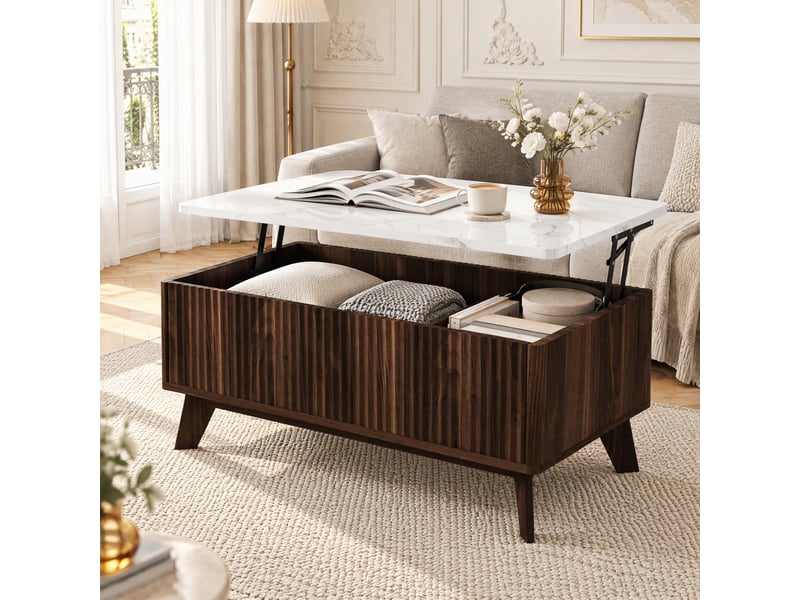  Table basse relevable salon avec rangement caché- plateau imitation marbre - panneaux cannelés verticaux  - compartiment de stockage - table basse multifonction - style scandinave mid-century - noyer  - Conforama E