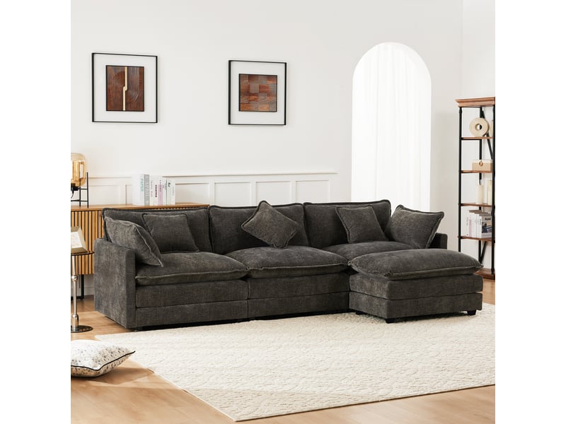 Canapé d'angle 3 places en chenille, canapé gris foncé avec pouf, méridienne modulable pour salon, assise confortable 283 x 147 x 84 cm - Conforama R