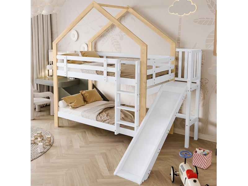  Lit superposé enfant 90x200 cm avec toboggan, échelle et maison, blanc et naturel  - Conforama B