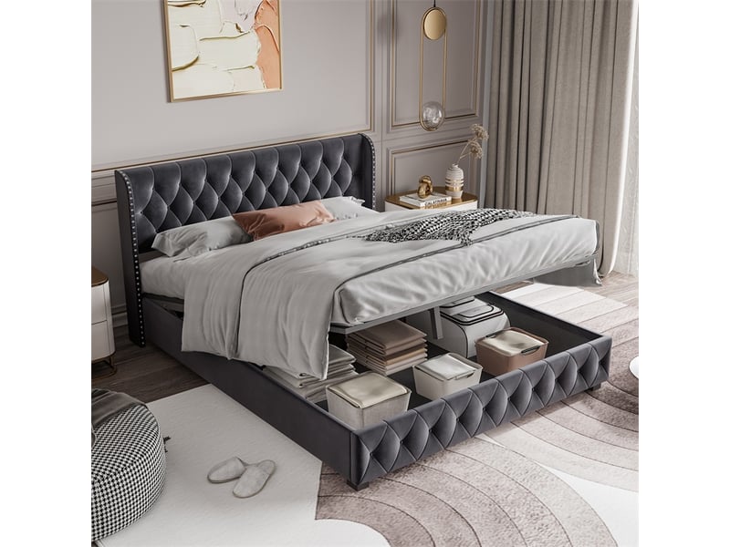  Lit 140x190cm - lit coffre 140x190cm - lit rembourré en velours avec rangement et tête de lit capitonnée rivets - gris foncé  - Conforama B