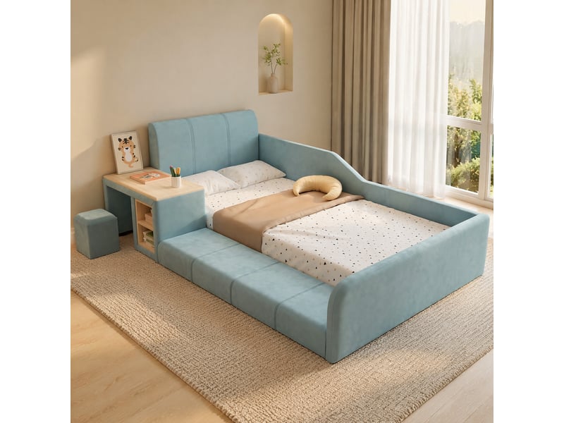  Lit enfant 90x200 cm avec bureau et tabouret en velours bleu  - Conforama D