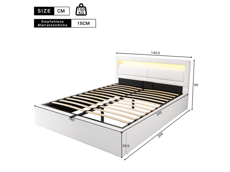 Lit 140x200 cm blanc rembourré led sommier tête éclairée simili-cuir  - Conforama C