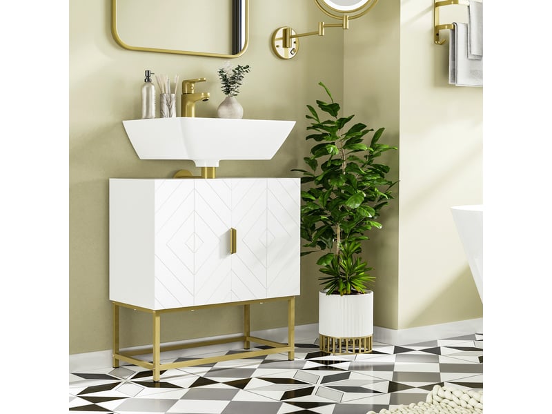  Meuble sous lavabo blanc à double porte, pieds en acier doré, 60 x 30 x 65 cm  - Conforama D