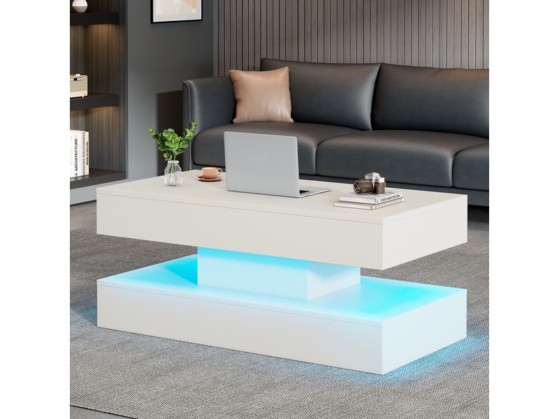  Table basse relevable avec plateau réglable, led et rangement caché avec prises, en panneau de particules, blanc - uvrion  - Conforama D