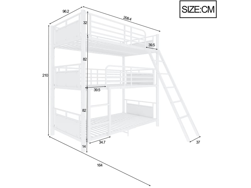 Lit superposé enfant à 3 couchages démontable avec deux échelles, structure métallique blanche, pour chambre 90 × 200 cm - Conforama C