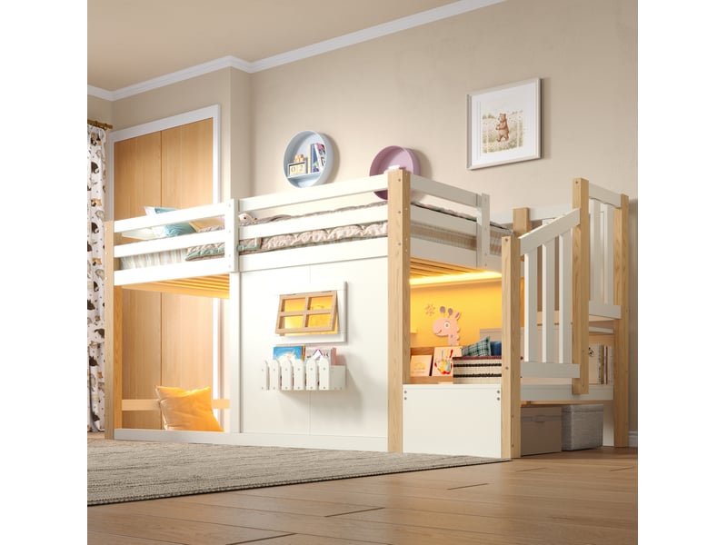 Lit mezzanine enfant 90x200 cm en bois blanc et bois clair, escalier de rangement, led réglable, sans matelas - Conforama B