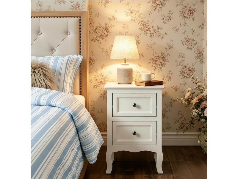  Table de chevet avec 2 tiroirs, poignées métalliques et pieds courbés pour chambre en mdf laqué blanc compacte  - Conforama E