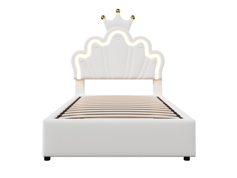  Lit rembourré princesse pu blanc 90x200 cm, led, coffre hydraulique et tête de lit réglable  - Conforama A