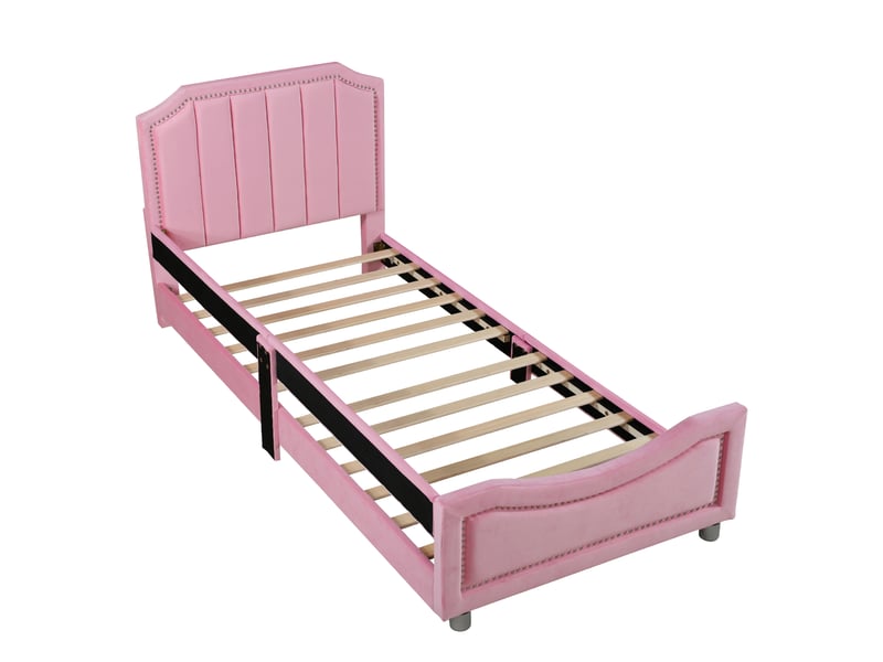  Lit enfant capitonné 90 x 200 cm, canapé-lit, cadre de lit, flanelle, lit moelleux multifonctionnel avec dossier et accoudoirs, lit parent-enfant, lit junior, lit d'appoint, rose  - Conforama D